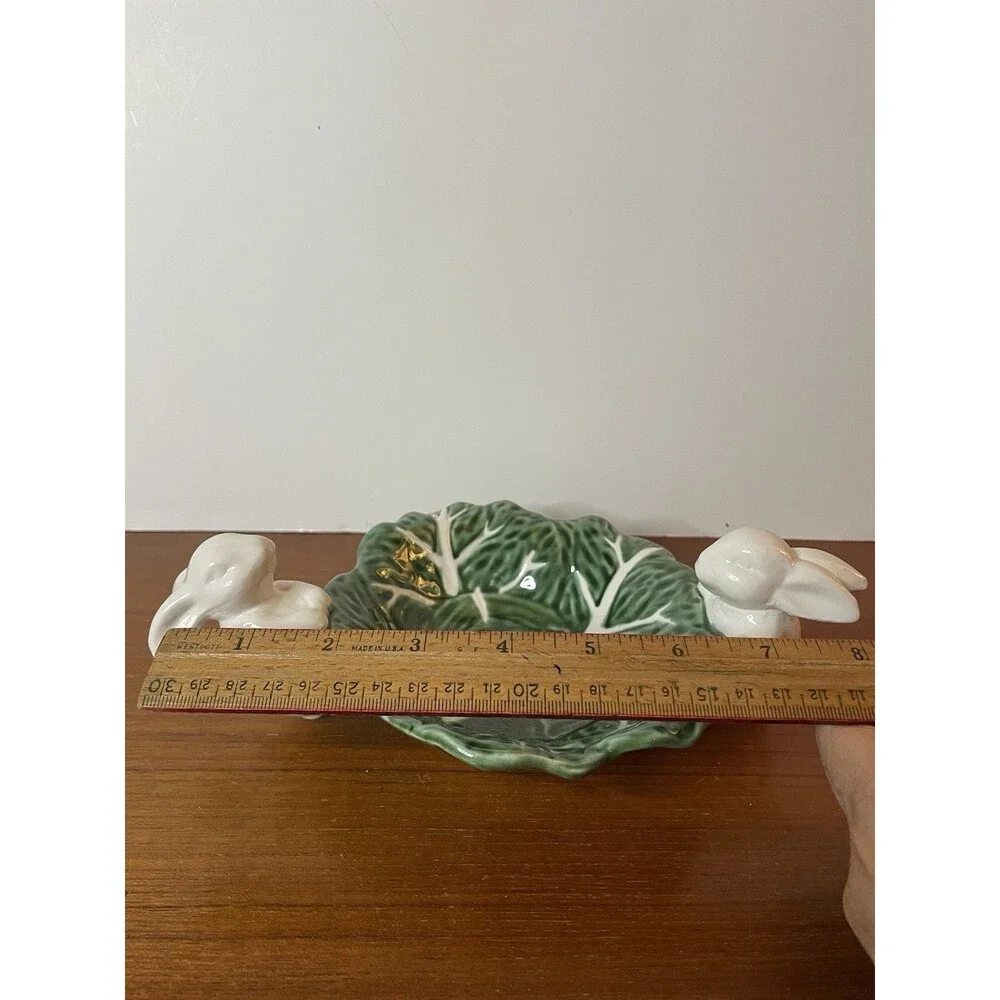 NEW- Maxcera, EASTER Bunny Rabbits Cabbage Green White Ceramic Candy Bowl Decor